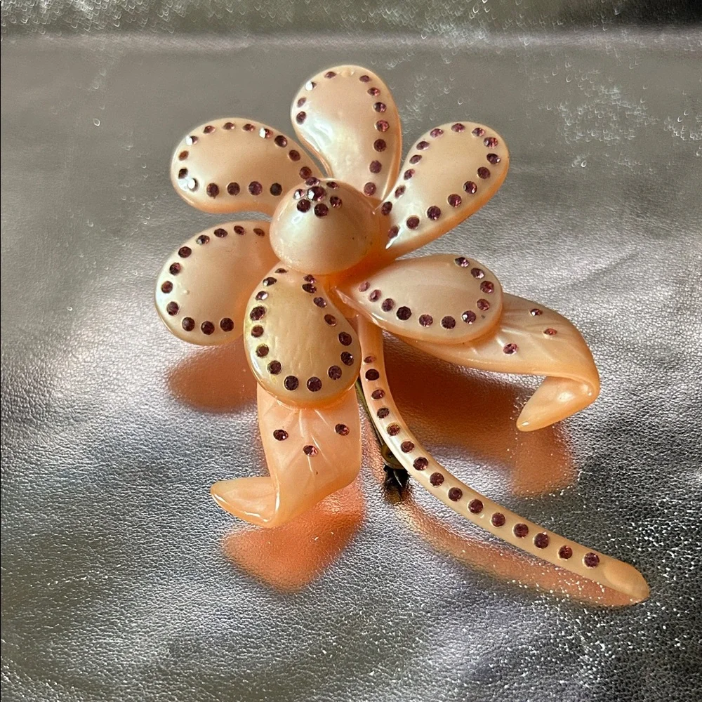Vintage Peach Flower Brooch with Purple Accents #31031